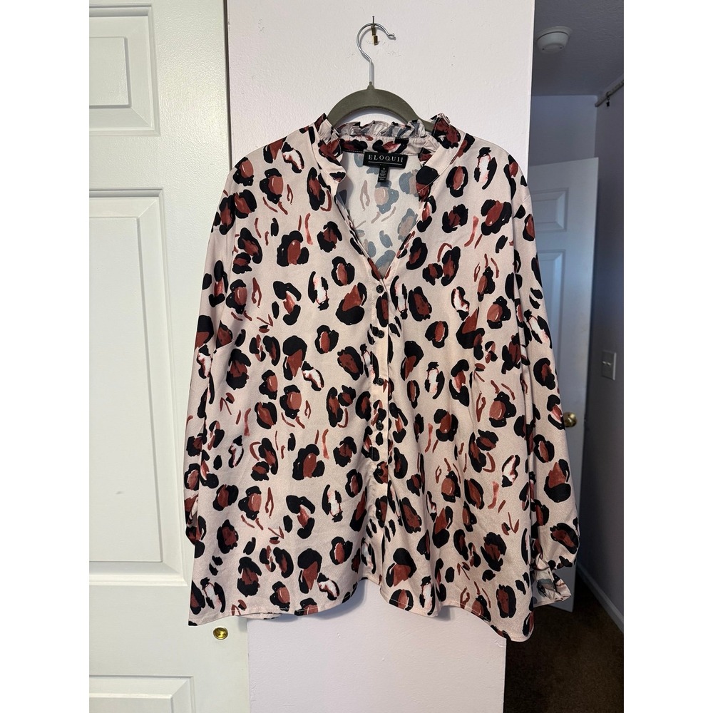 ELOQUII Leopard Print Ruffle Collar Button Down Blouse Womens Size 16 XL Top